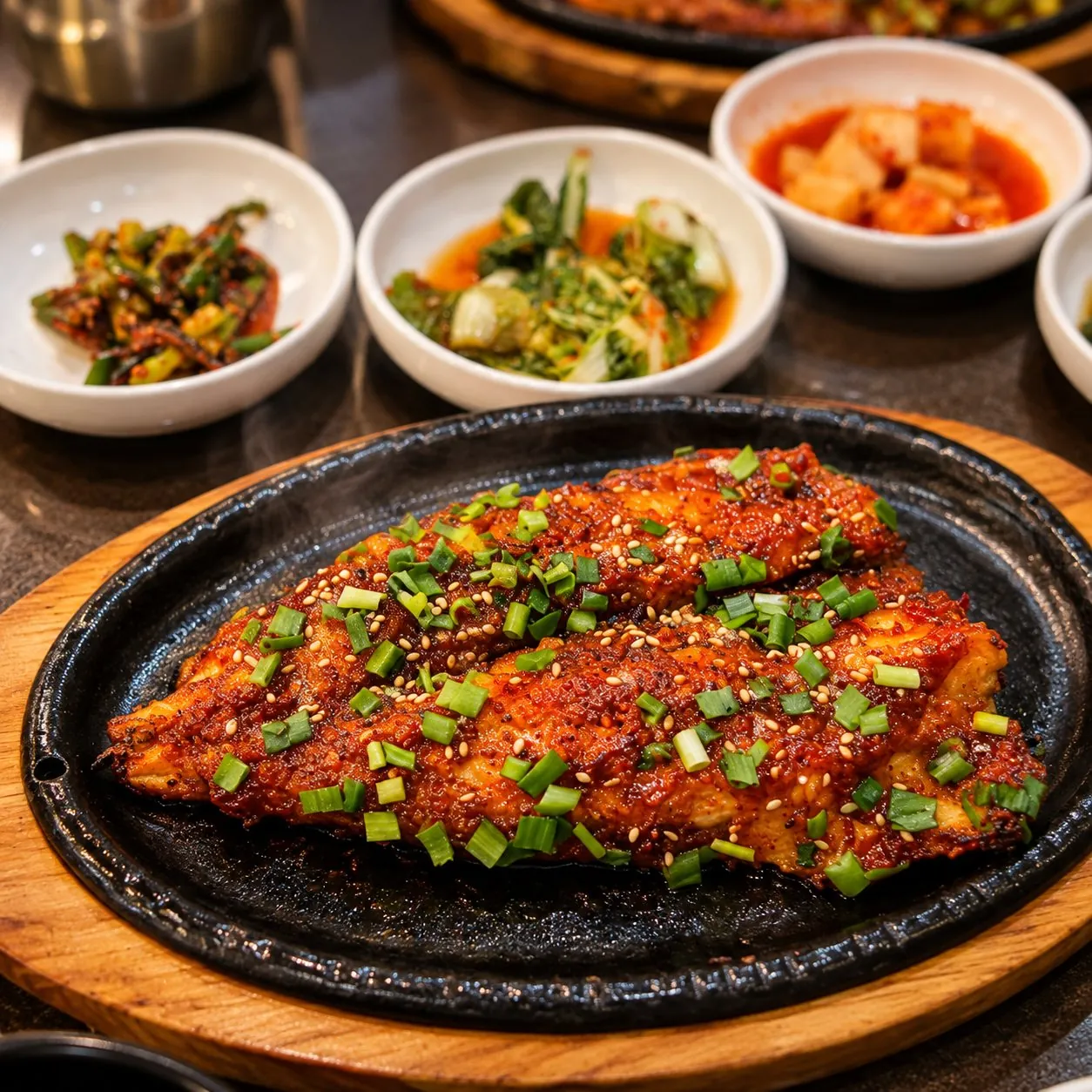 나무 받침 위 검은 돌판의 황태구이(부추·깨, 김이 오름), 뒤로 밑반찬 접시들(깍두기 포함)과 또 하나의 돌판
